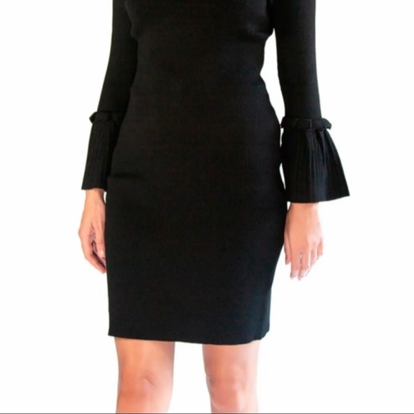 NINA LEONARD | Ribbed Knit Bell Sleeve Sweater Above- Knee Round Neckline Dress - Picture 8 of 16